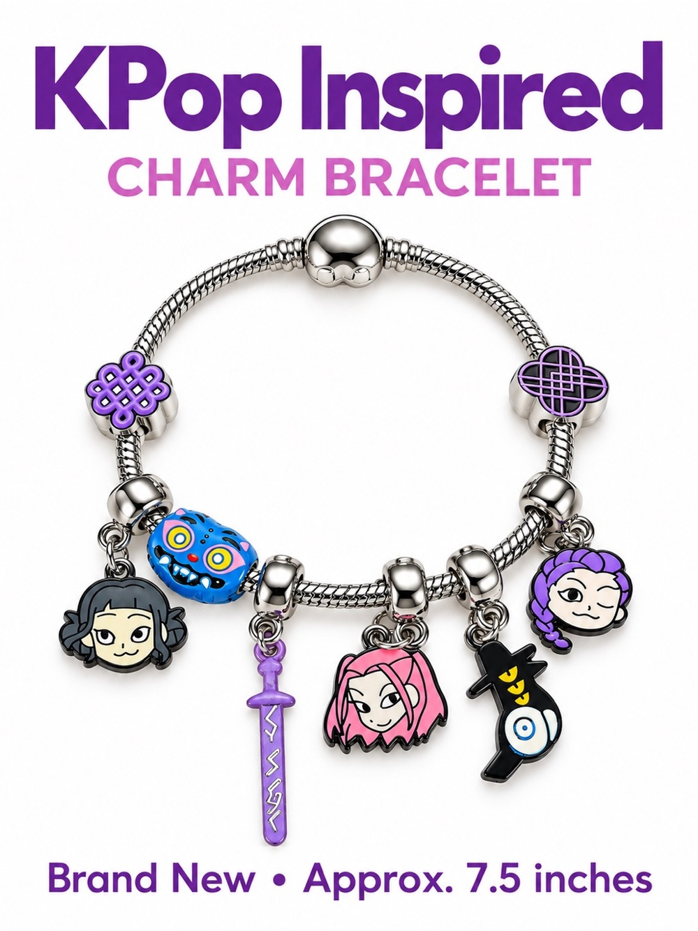KPop Demon Hunters Themed Charm Bracelet Silver Tone 7.5” New